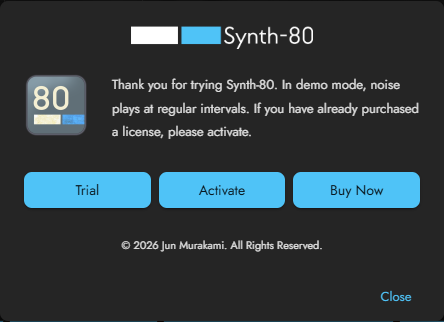 The activation dialog shown on first launch (three choices)
